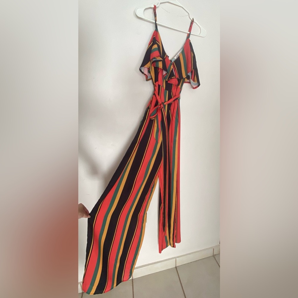 Flying Tomato Bold Striped Jumpsuit in Red, Yellow, and Green